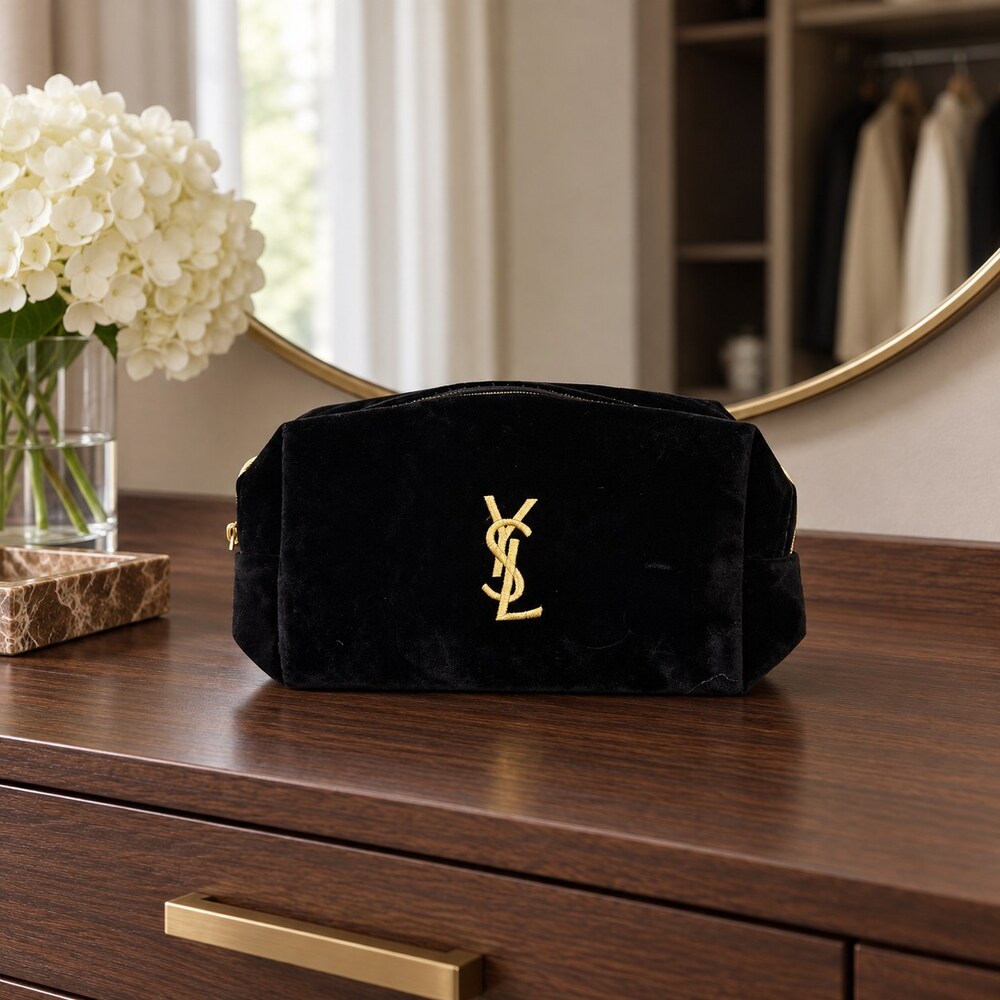 Yves Saint Laurent Black Velvet Makeup Bag | Velvet and Gold-Tone Details